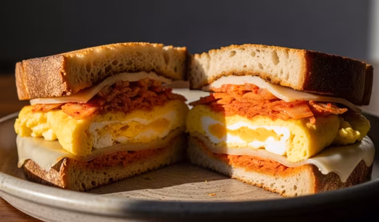 The best kimchi breakfast sandwich, cut in half to show the cheesy, layered inside