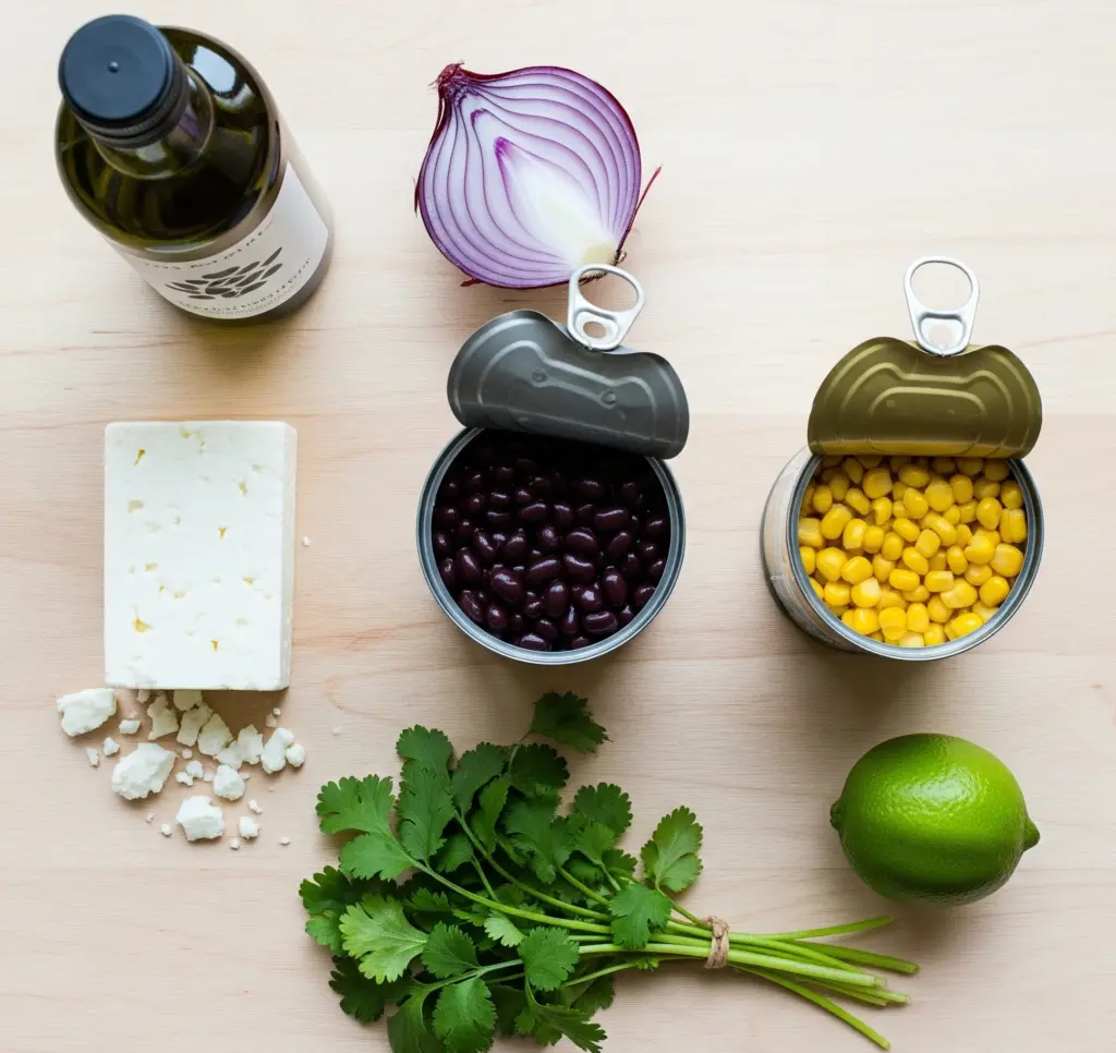 Ingredients for the black bean corn and feta dip recipe laid out on a wooden board