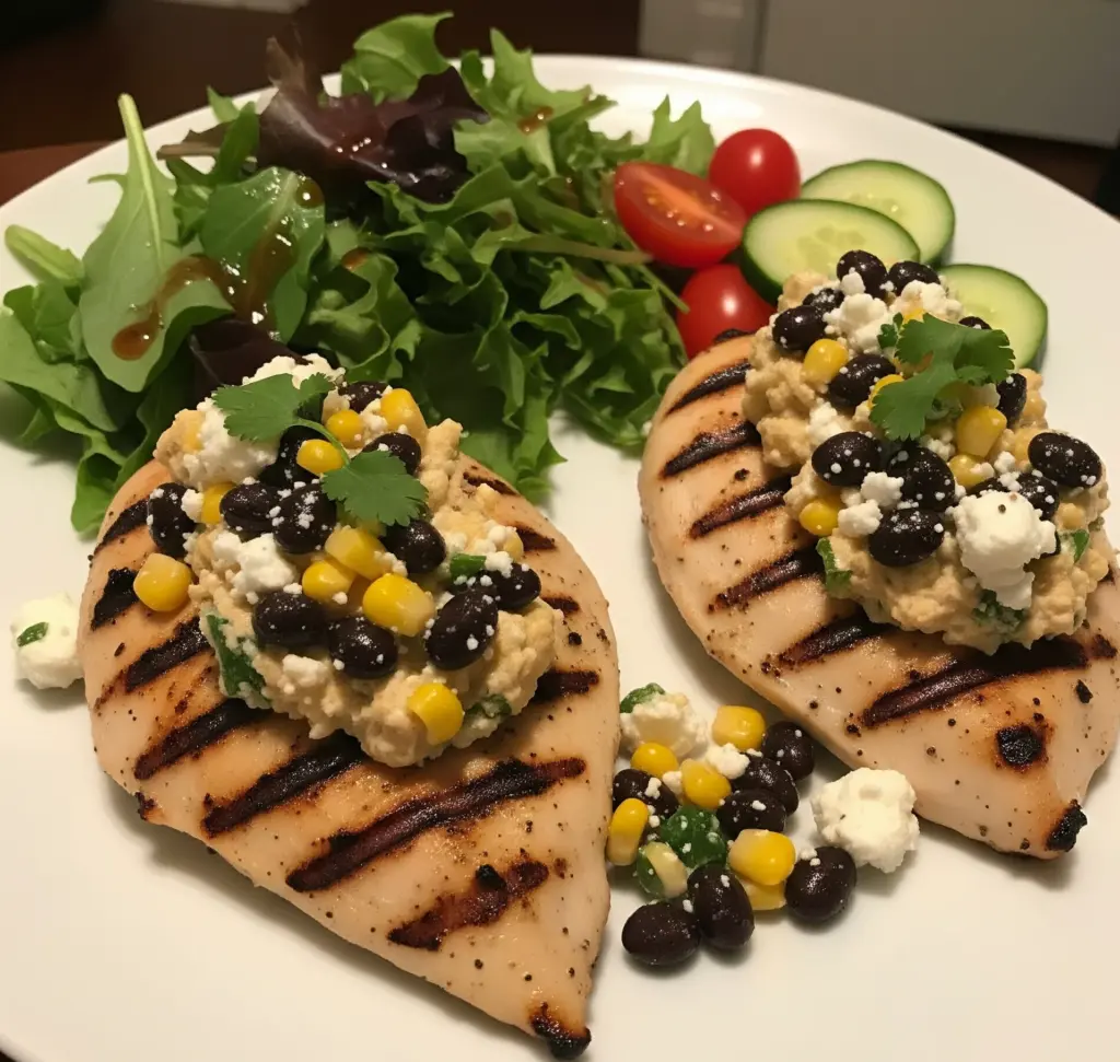 Black bean corn and feta dip used as a fresh and healthy topping for grilled chicken