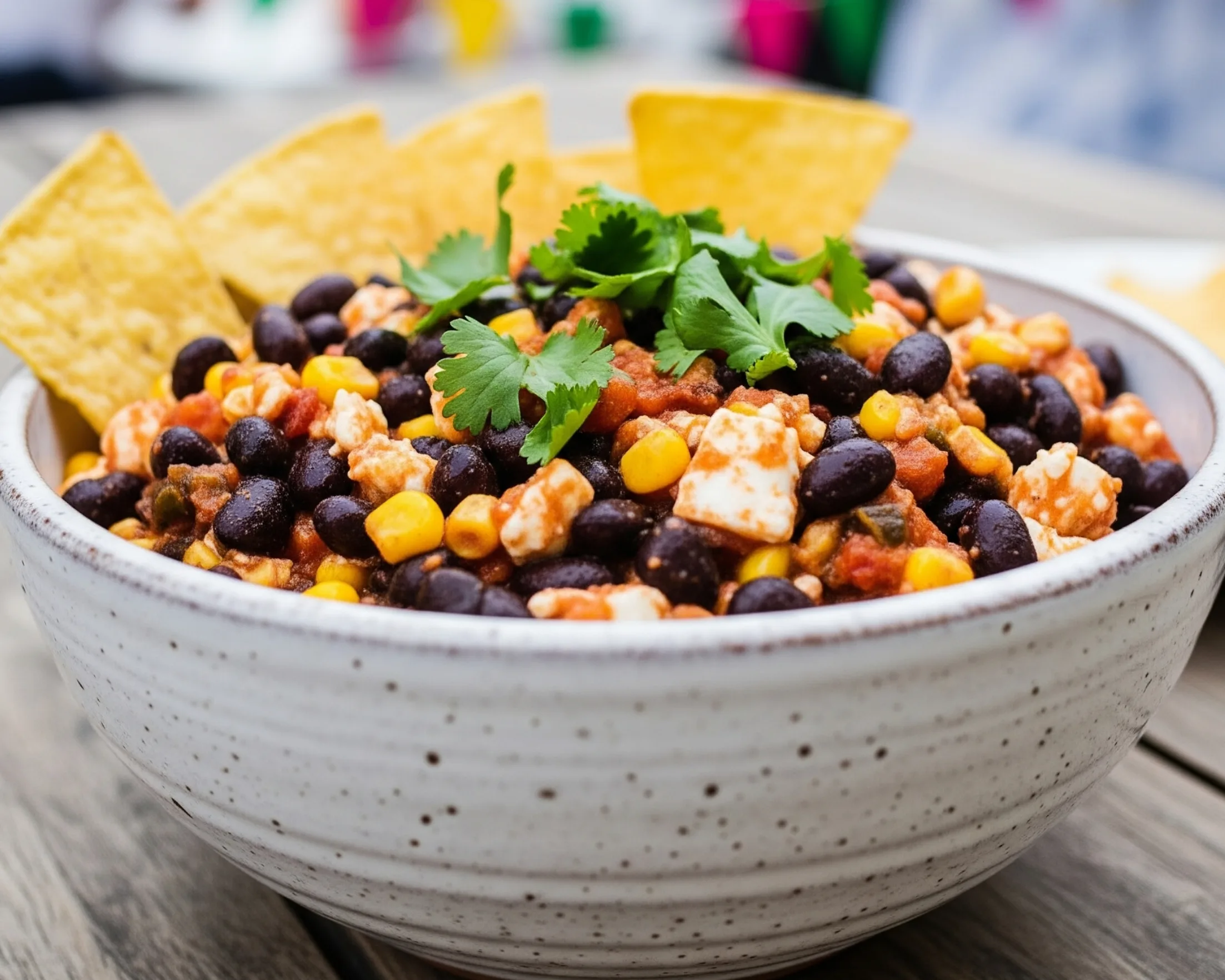 A vibrant bowl of the ultimate black bean corn and feta dip, ready to be served at a party