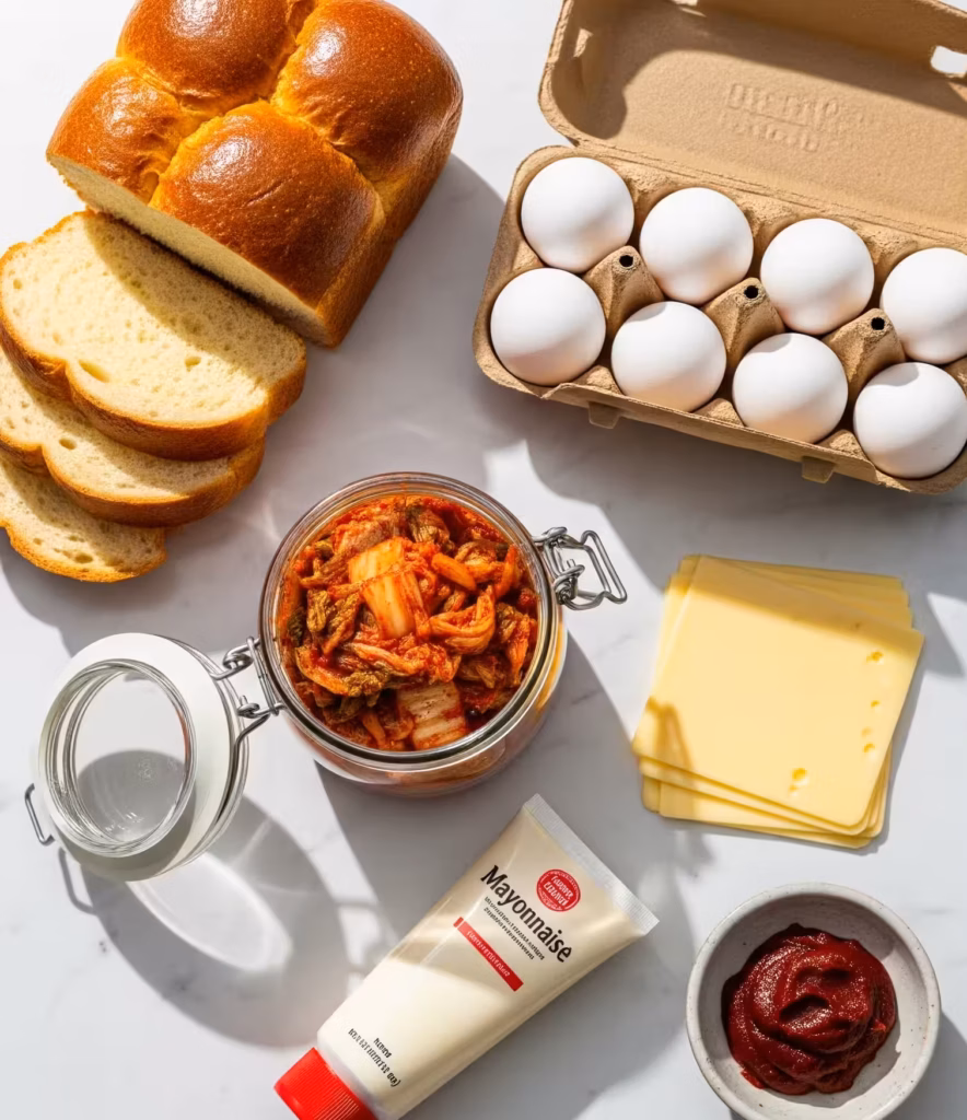 Ingredients for the quick and easy kimchi breakfast sandwich recipe