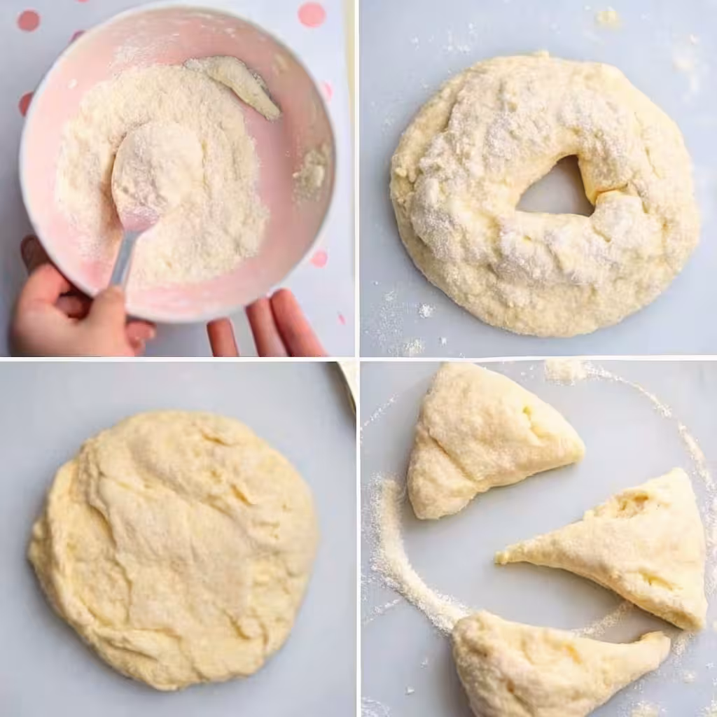 Hands kneading the smooth dough for two ingredient high protein bagels on a floured surface.
