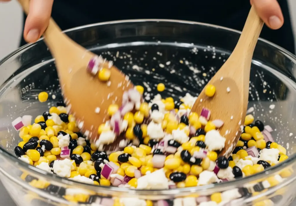 Mixing the black bean corn and feta dip together in a large glass bowl