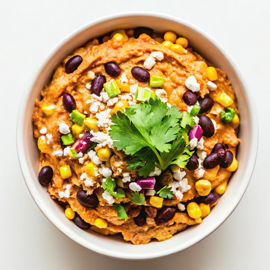 A bright and fresh bowl of the final recipe for black bean corn and feta dip, garnished with cilantro