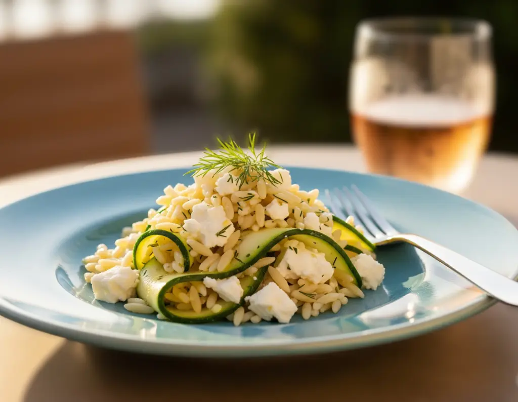 A plated serving of Zucchini Feta and Orzo Salad, ready to eat, with a glass of wine in the background.