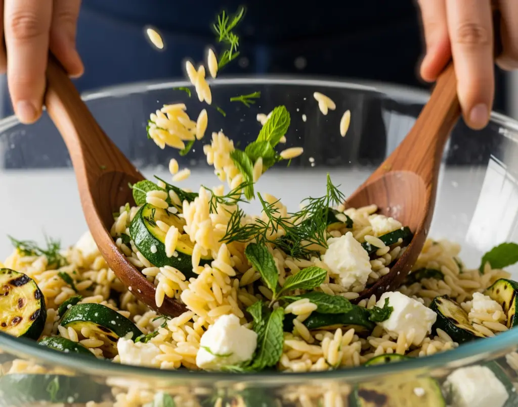 Tossing the Zucchini Feta and Orzo Salad in a glass bowl to combine all the ingredients with the dressing.