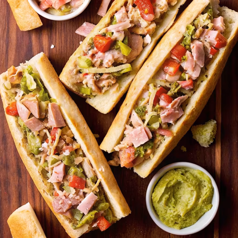 The ultimate Italian chopped sandwich, sliced in half to show the delicious, colorful filling.