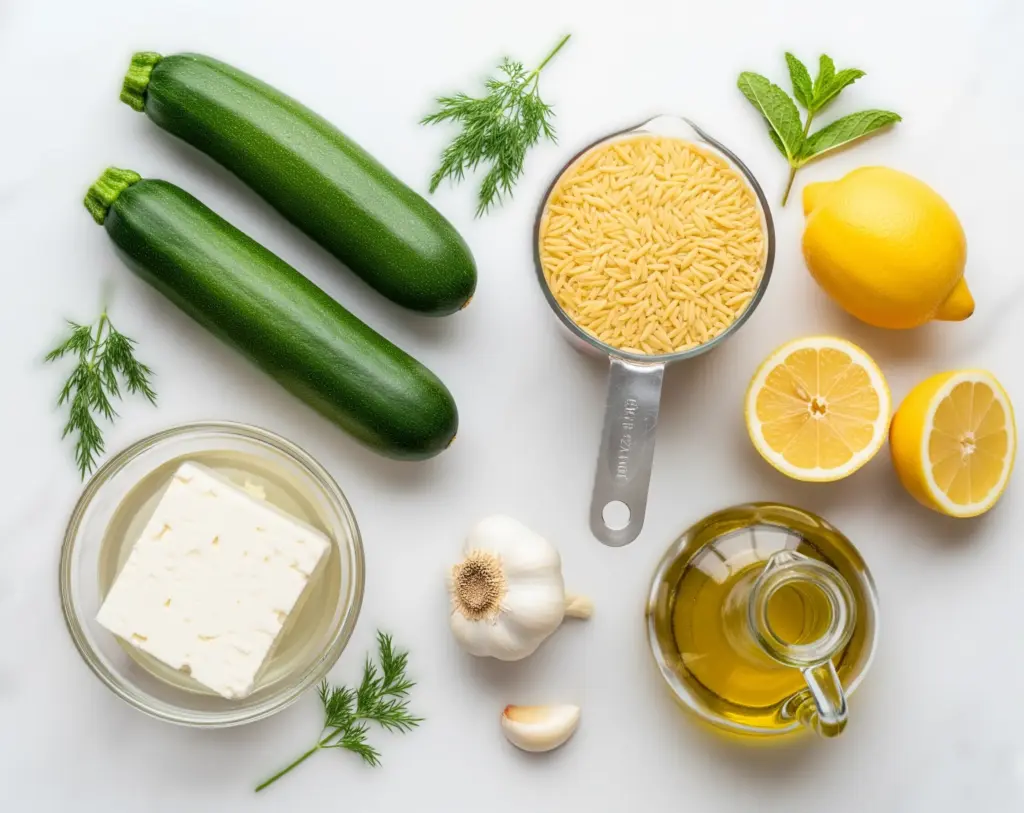 Ingredients for Zucchini Feta and Orzo Salad laid out on a marble surface, including zucchini, feta, orzo, and lemon.