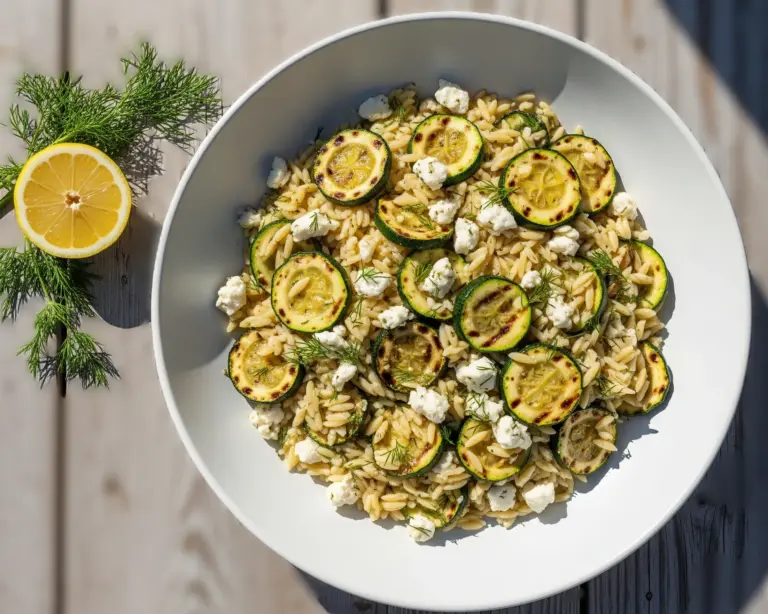 A large white bowl filled with a vibrant Zucchini Feta and Orzo Salad, with a lemon and fresh dill on the side.