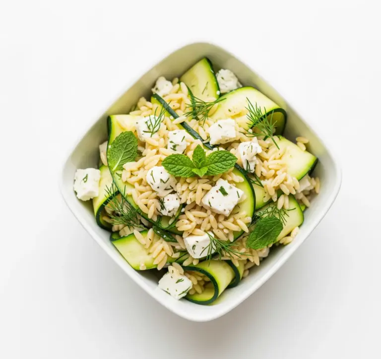 A simple bowl of Zucchini Feta and Orzo Salad for the recipe card.