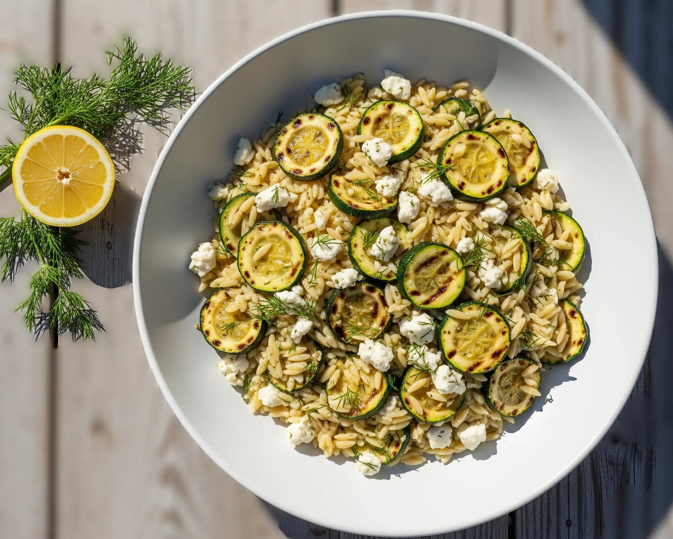 A large white bowl filled with a vibrant Zucchini Feta and Orzo Salad, with a lemon and fresh dill on the side.