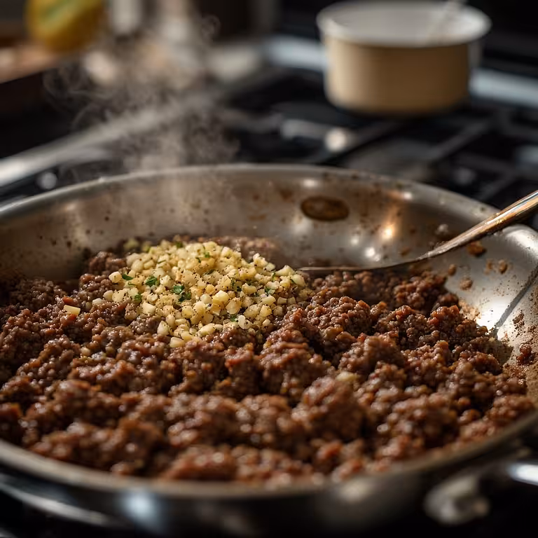  Cooking the aromatics for the ground beef and veggies stir fry by adding fresh garlic and ginger to the pan.