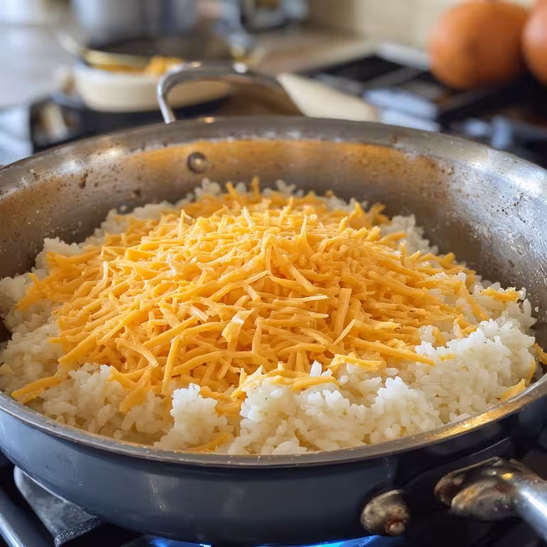 Cheese melting into rice for cheesy rice recipe