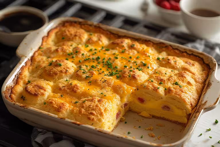 Bacon egg and cheese biscuit casserole, golden brown and baked in a white ceramic dish.