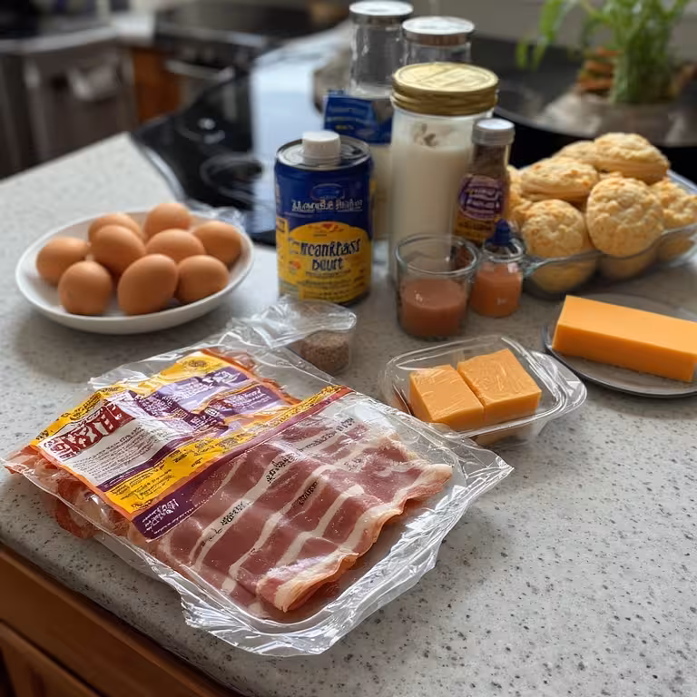 Ingredients for bacon egg and cheese biscuit casserole laid out on a countertop.