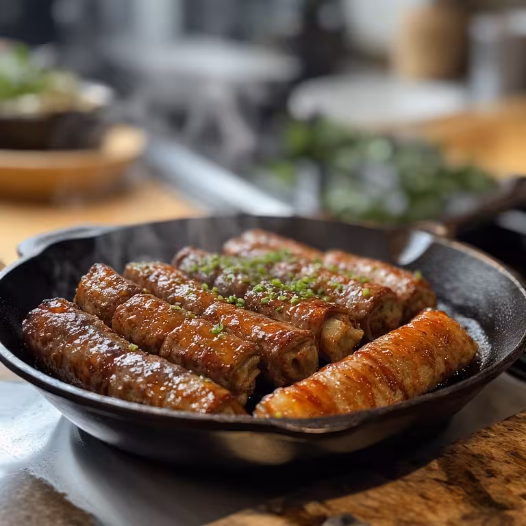 Cooking beef enoki rolls in skillet