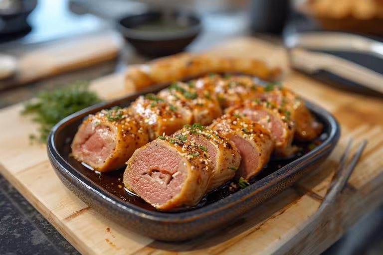 Beef enoki rolls with egg recipe on Japanese plate
