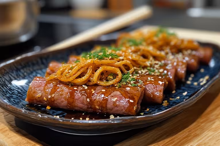 Beef enoki rolls with egg served on a Japanese-style plate