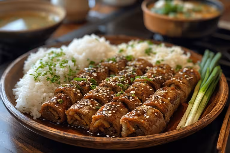Serving beef enoki rolls with rice and miso soup