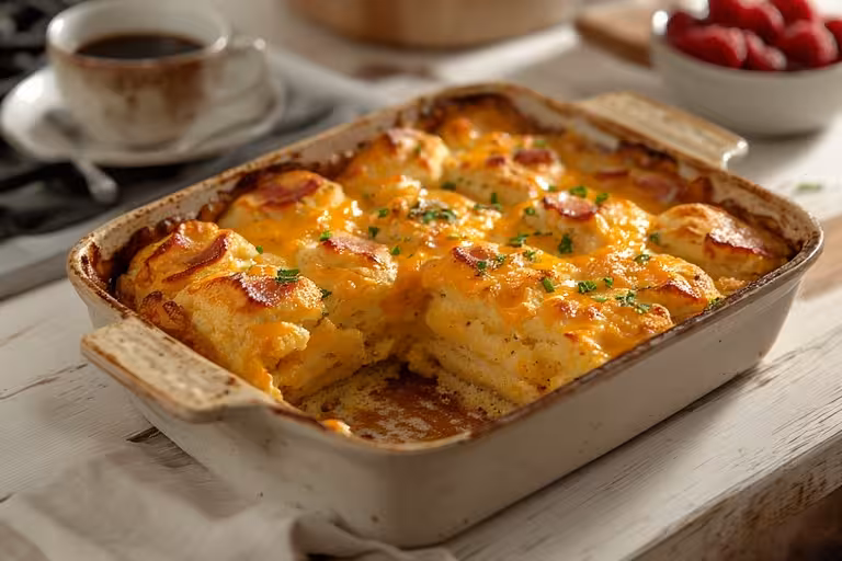 The best bacon egg and cheese biscuit casserole, golden brown and freshly baked in a white ceramic dish.