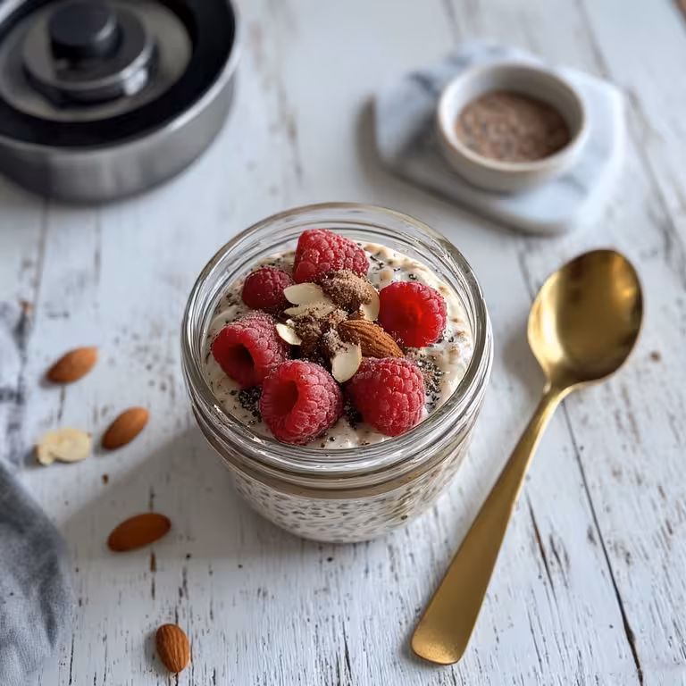 Overnight oats with protein powder in a glass jar, topped with raspberries and crunchy almonds.