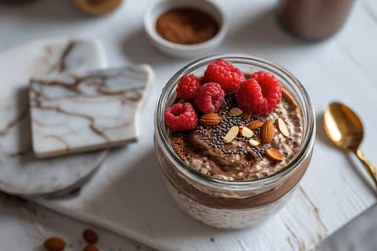 The best overnight oats with protein powder in a glass jar, topped with fresh raspberries and almonds.