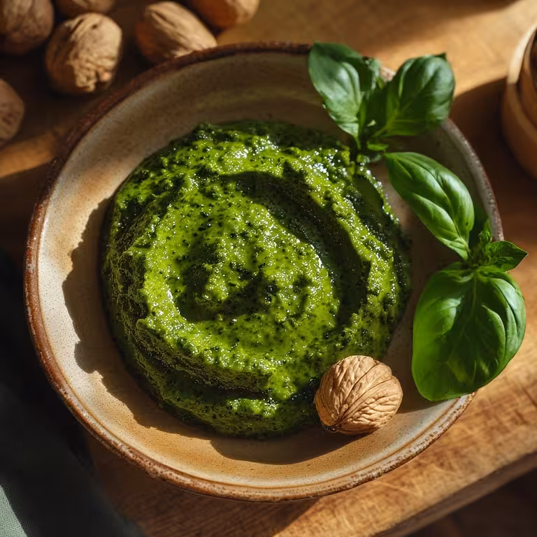 The absolute best pesto without pine nuts in a rustic ceramic bowl, garnished with a fresh basil leaf.
