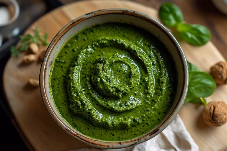 A rustic ceramic bowl filled with the absolute best pesto without pine nuts, garnished with a fresh basil leaf.