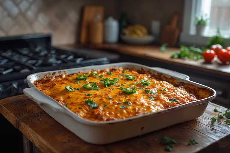 Golden-baked Tex Mex casserole with melted cheese, fresh herbs, and colorful toppings