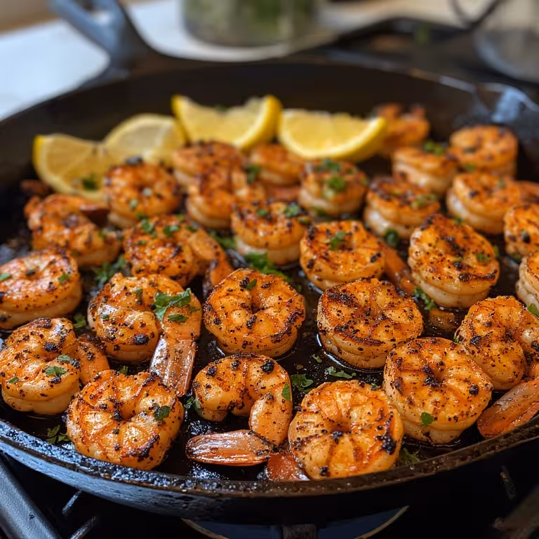 Perfectly seasoned blackened shrimp sizzling in a cast-iron skillet with fresh herbs and lemon slices
