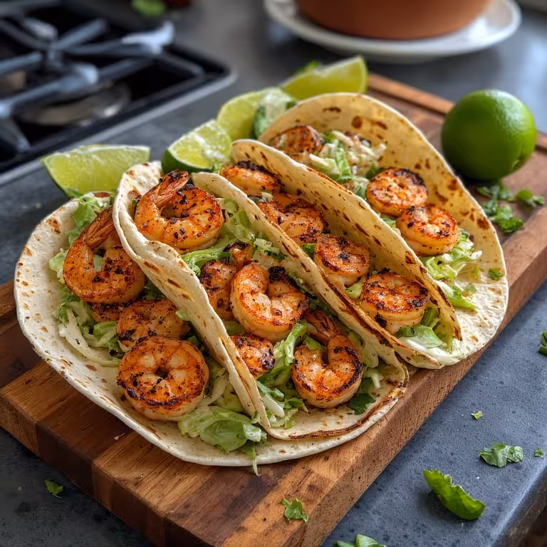 Hands assembling blackened shrimp tacos with fresh cabbage slaw, avocado slices, and lime wedges on a wooden board