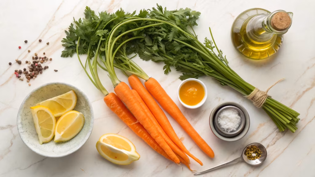 Fresh ingredients for carrot ribbon salad: carrots, parsley, lemon, and olive oil.