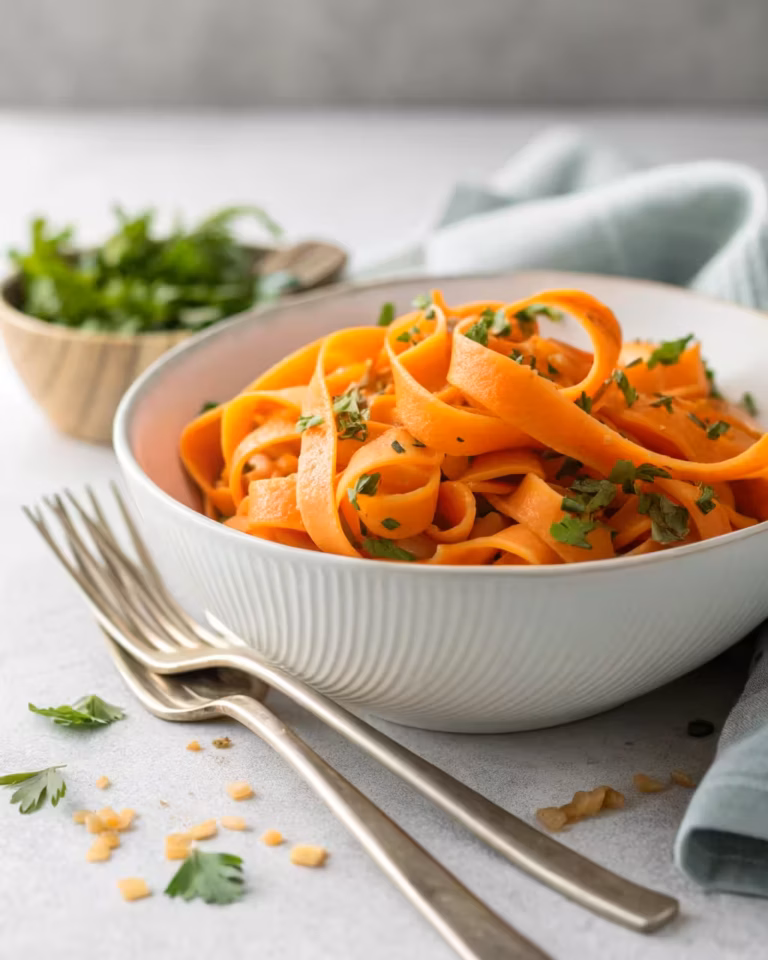 The finished carrot ribbon salad, ready to be served from a large bowl.
