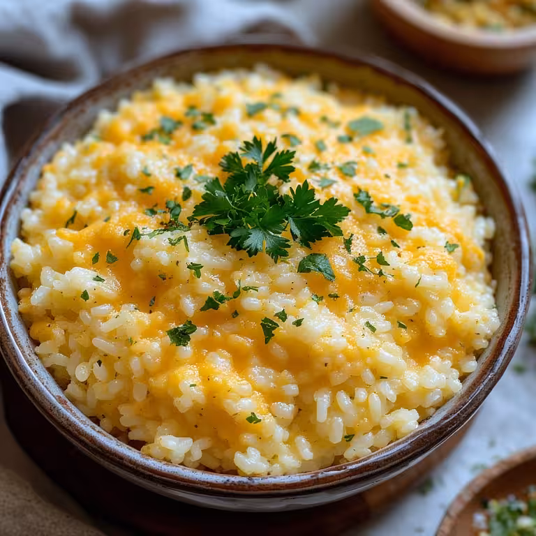 Cheesy rice recipe in ceramic bowl for recipe card