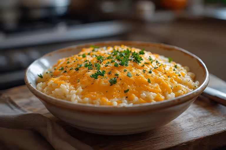 Cheesy Rice Recipe in rustic bowl