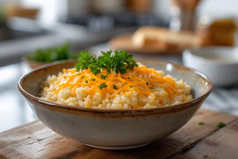 Rustic bowl filled with cheesy rice, topped with golden melted cheese