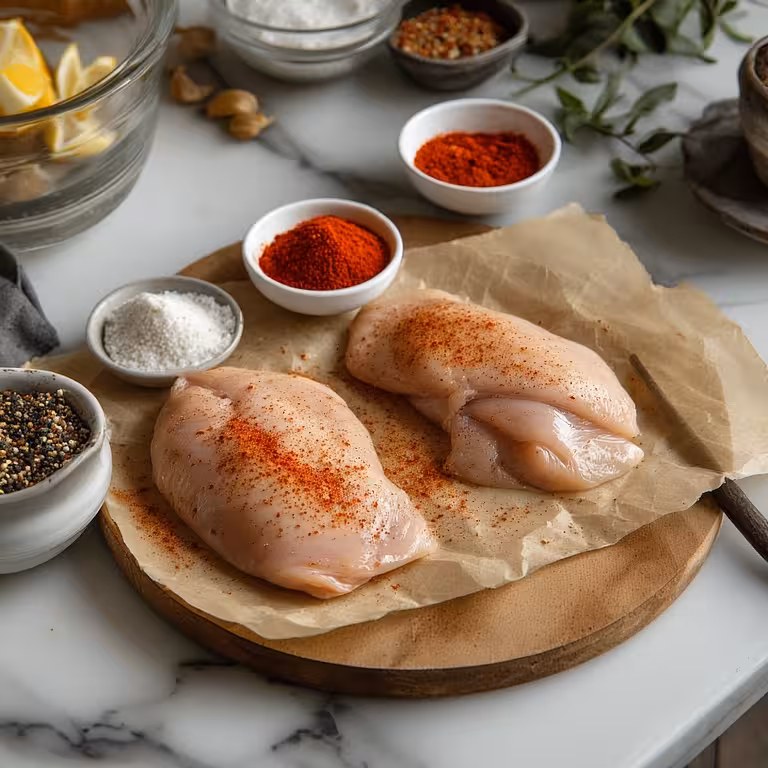 Ingredients for the chicken lunch meat recipe, including raw chicken breasts and various spices in bowls.