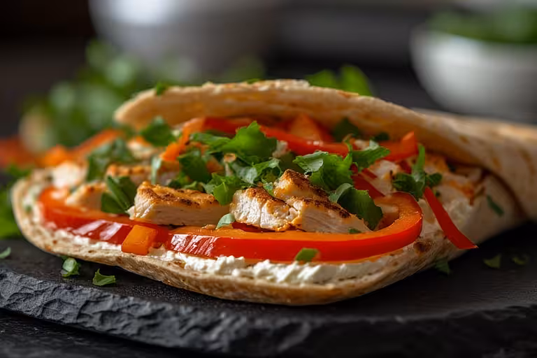  A healthy low-carb roll-up being made with the sliced chicken from the chicken lunch meat recipe.