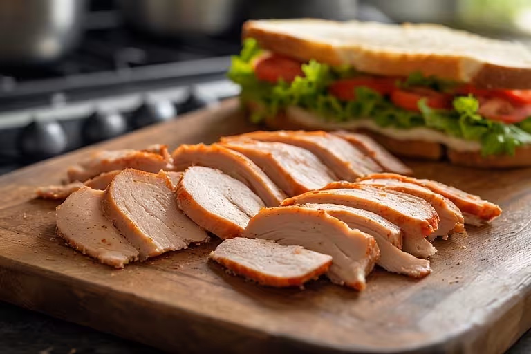 Delicious sliced homemade chicken lunch meat arranged neatly, with a fresh sandwich in the background