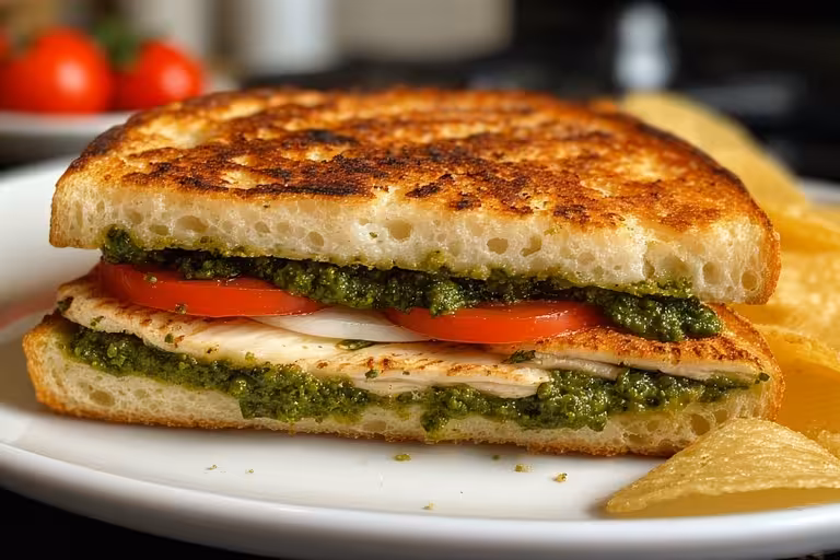 A grilled chicken sandwich with a generous spread of easy pesto sauce without pine nuts.