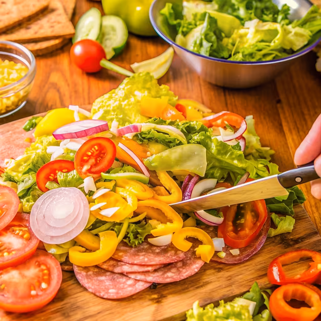 A chef’s knife finely chopping ingredients for the sandwich filling