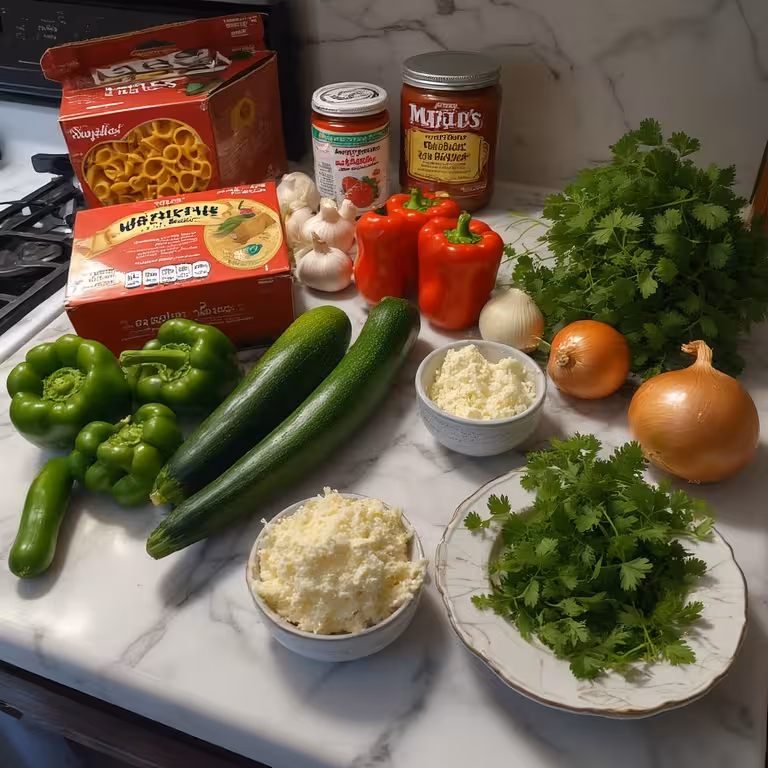 Fresh ingredients for Chutney Life Instant Pot Lasagna Soup laid out on a marble countertop.