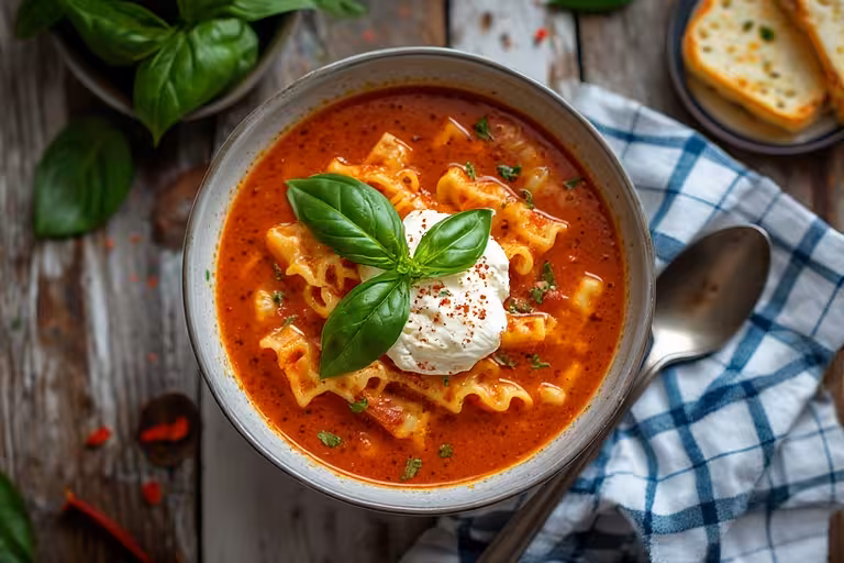 A colorful bowl of Chutney Life Instant Pot Lasagna Soup, loaded with melted cheese, fresh basil, and hearty ingredients.