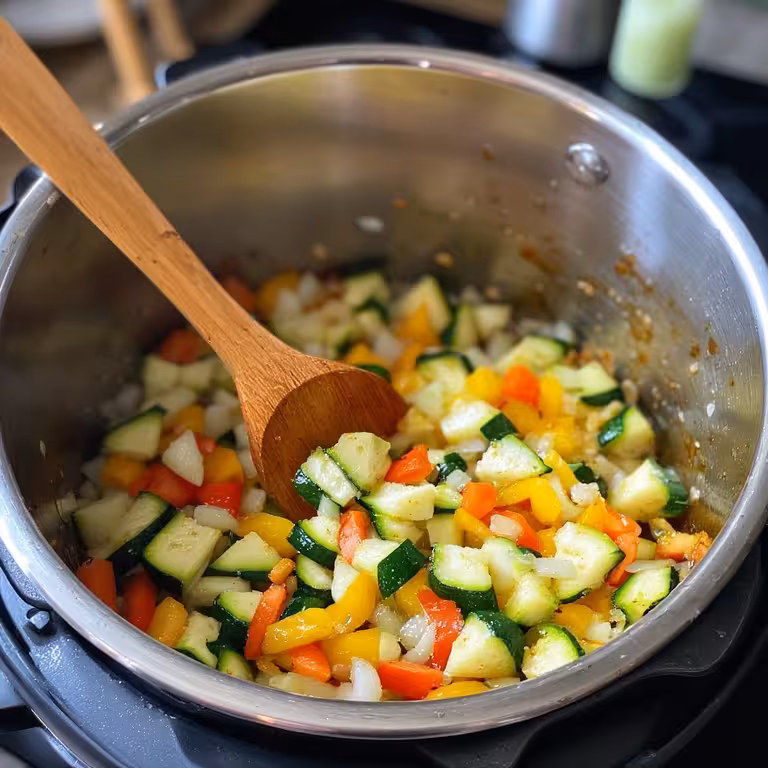 Sautéing fresh vegetables in an Instant Pot to create a flavor base for lasagna soup.