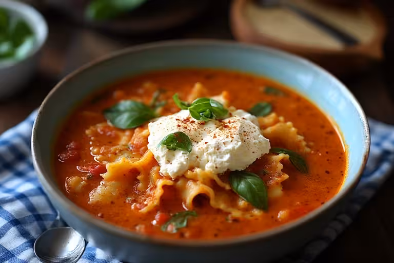 A vibrant bowl of the ultimate Chutney Life Instant Pot Lasagna Soup, topped with a creamy mix of melted cheeses and fresh basil.
