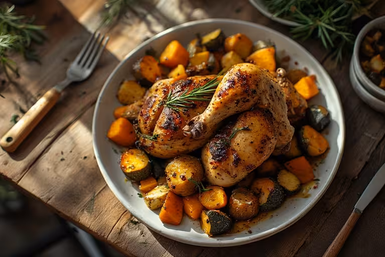 A delicious plate of an easy low histamine dinner recipe: rosemary chicken with roasted carrots and sweet potatoes.