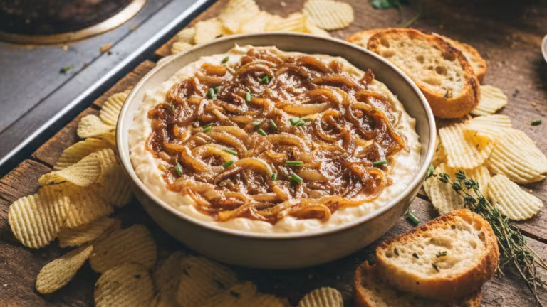 french onion dip caramelized onions recipe served with chips and bread