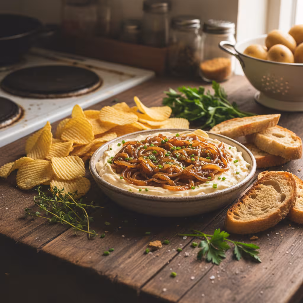 French onion dip caramelized onions recipe with golden chips and fresh bread slices