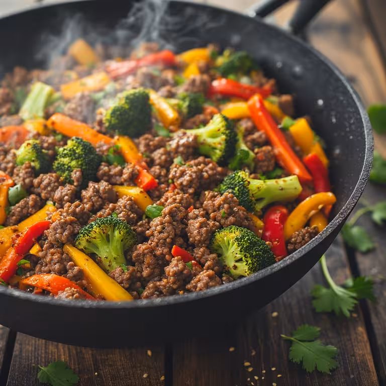 A delicious ground beef and veggies stir fry being cooked in a hot wok, featuring vibrant, fresh vegetables and a rich, glossy sauce.
