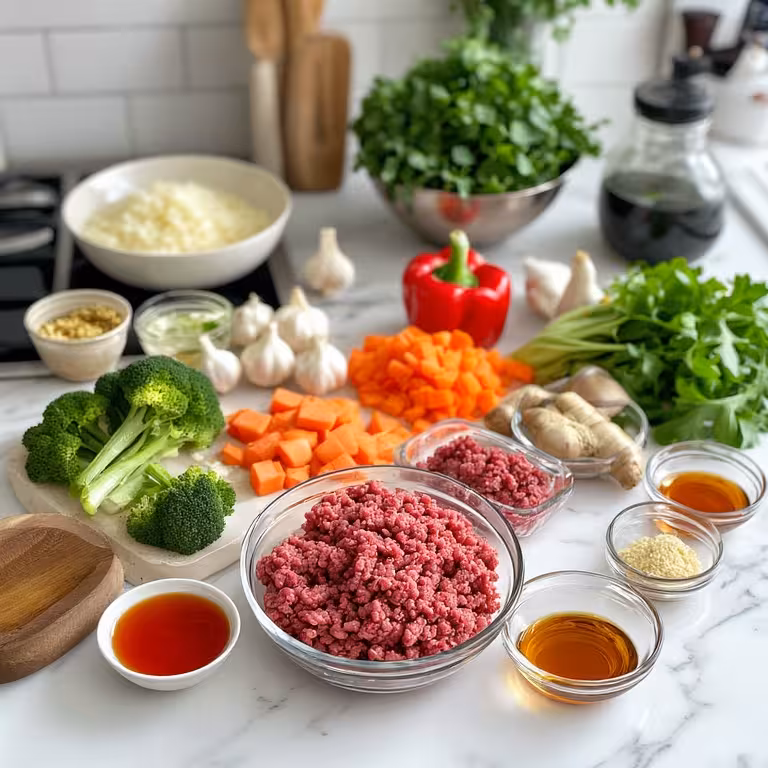 Fresh ingredients for a ground beef and veggies stir fry, including ground beef, broccoli, peppers, and carrots.